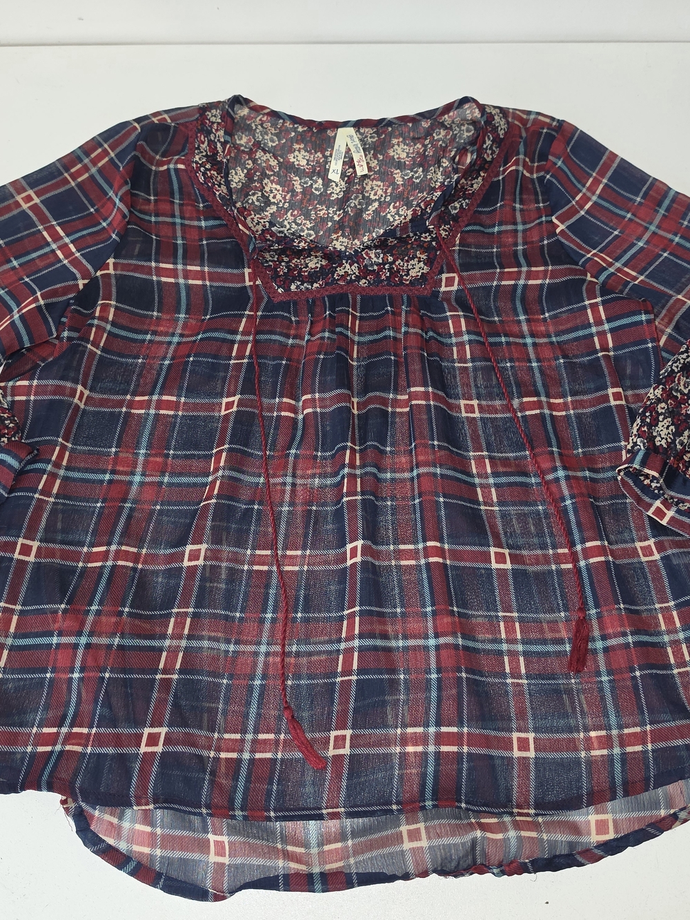 girl krazy Red & Navy Plaid Peasant Top with Floral Trim